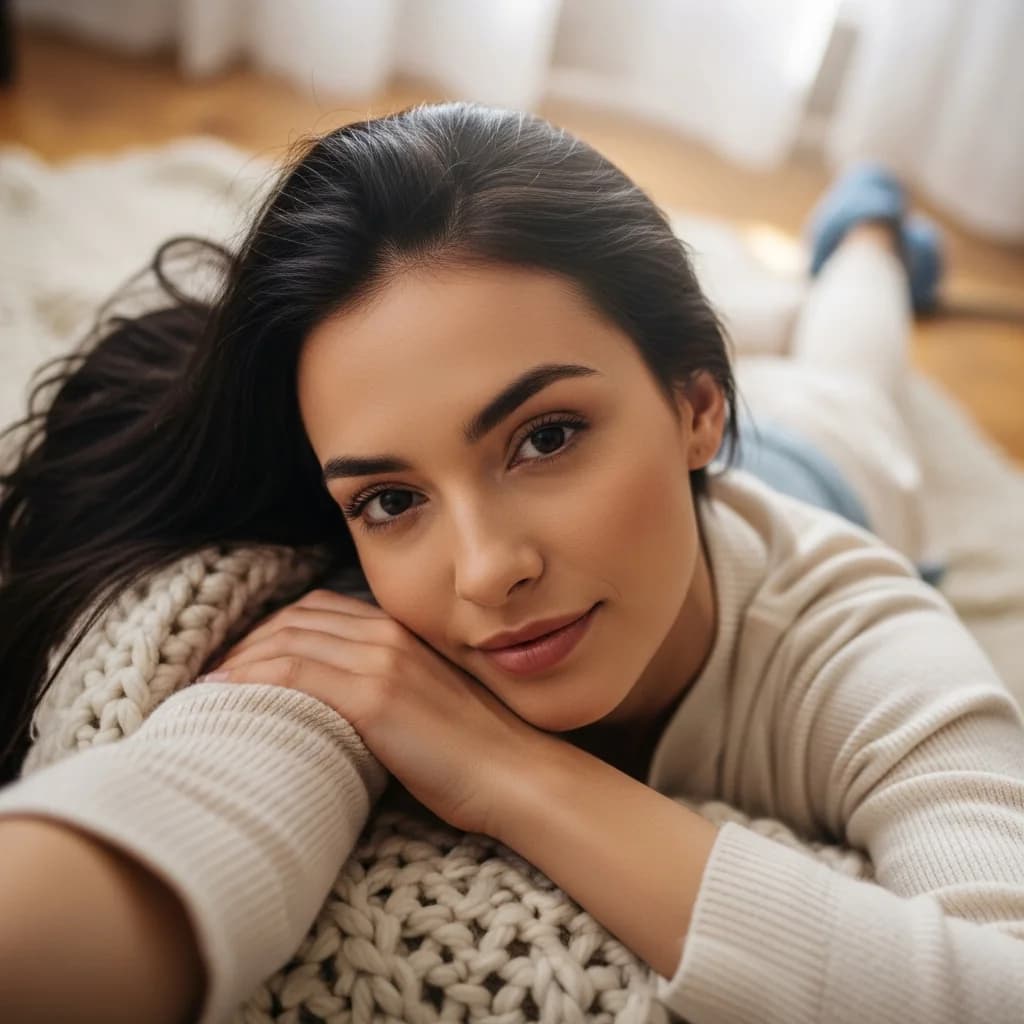 躺在针织毯上的俯拍自拍