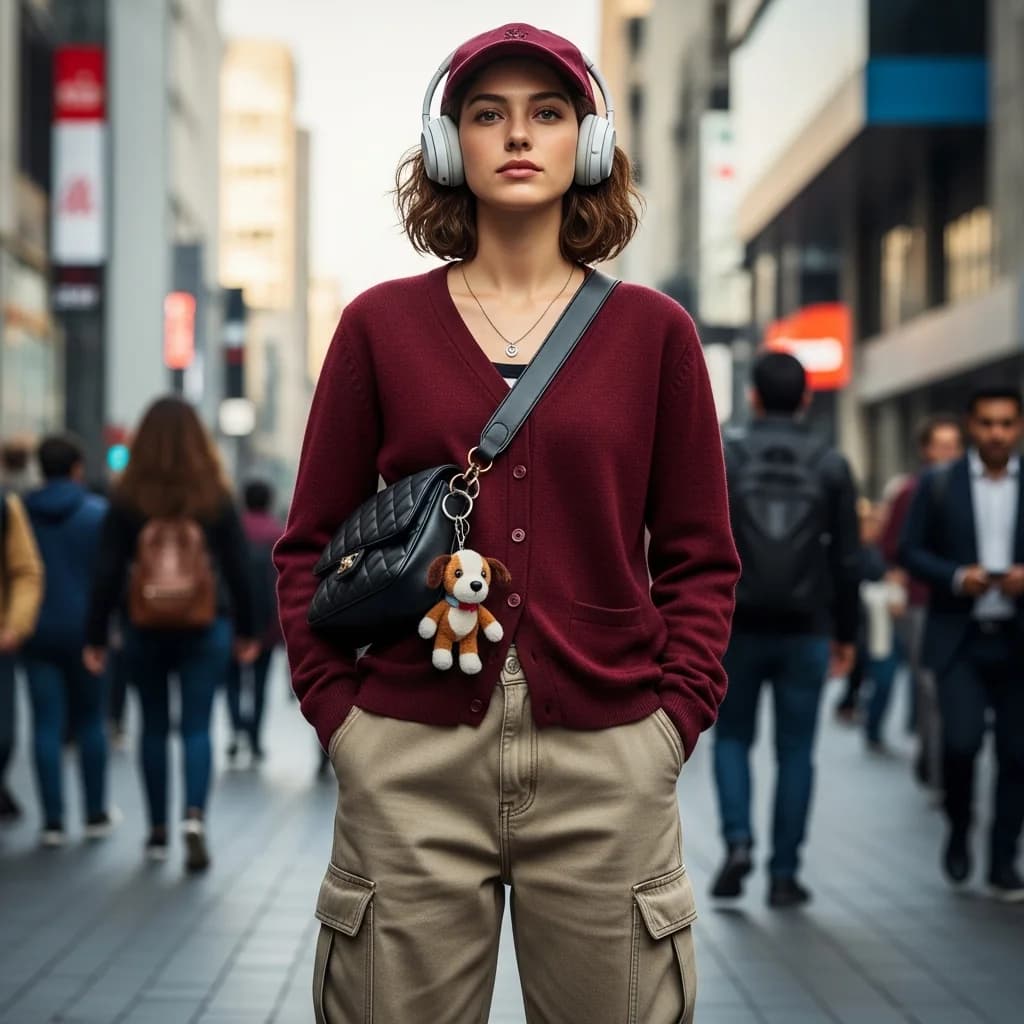 城市喧闹中的耳机少女街拍