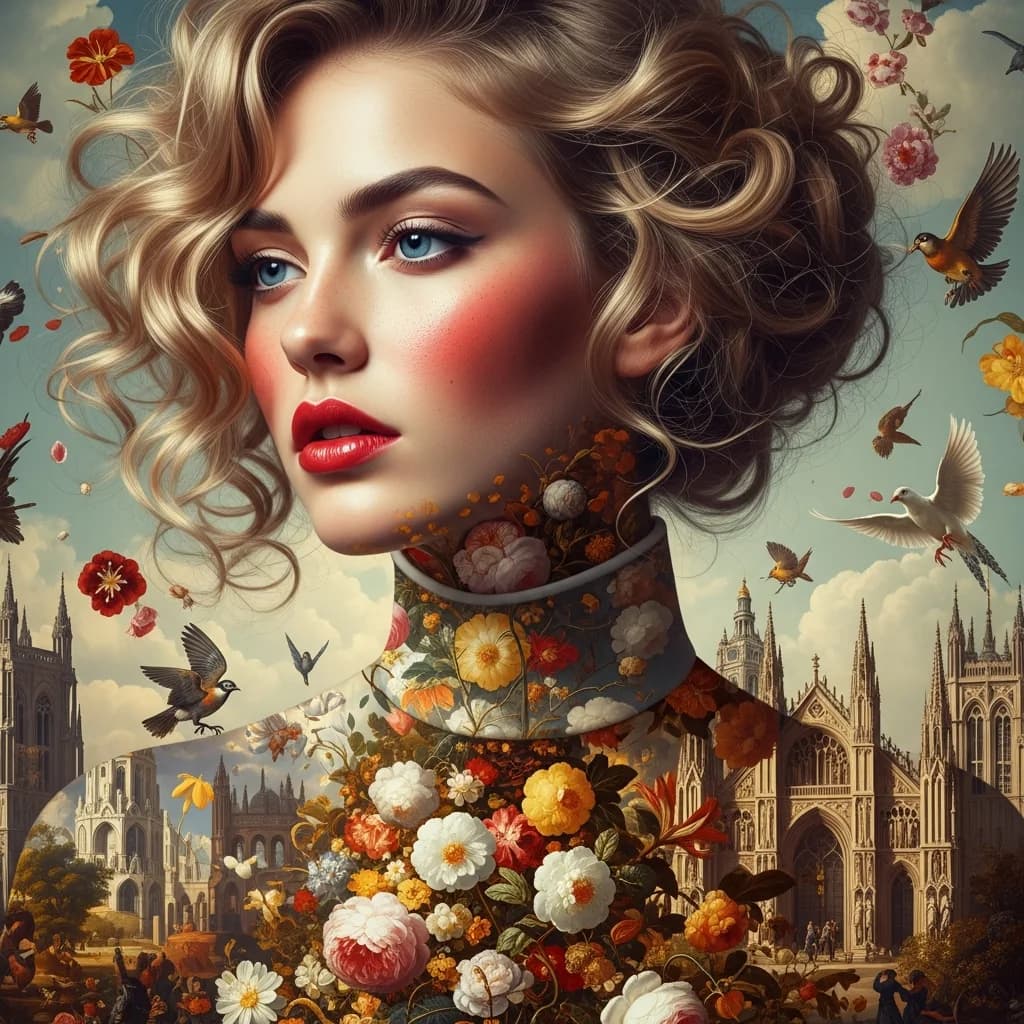 古典花卉拼贴中的幻想人像