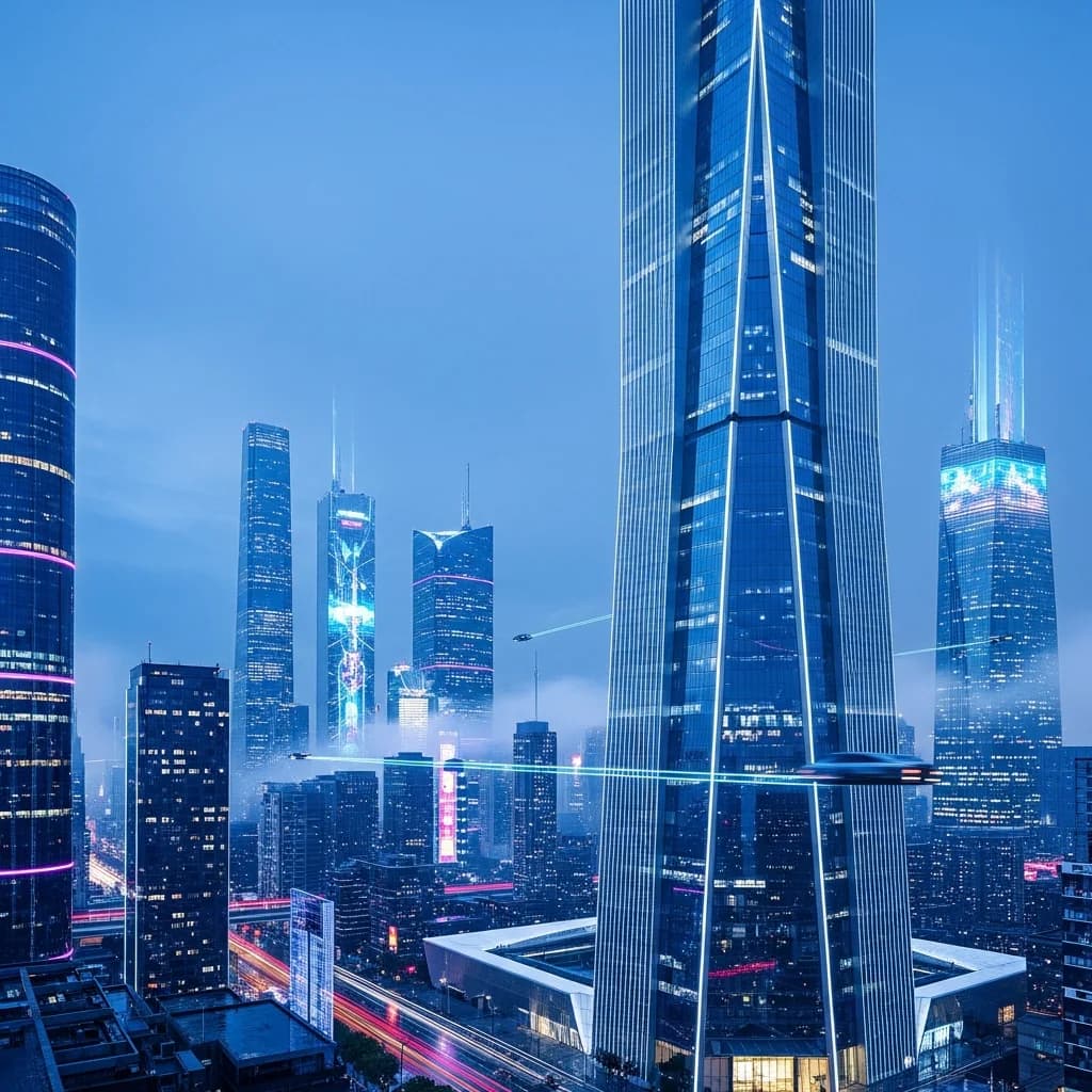未来主义摩天大楼城市景观，蓝色时刻