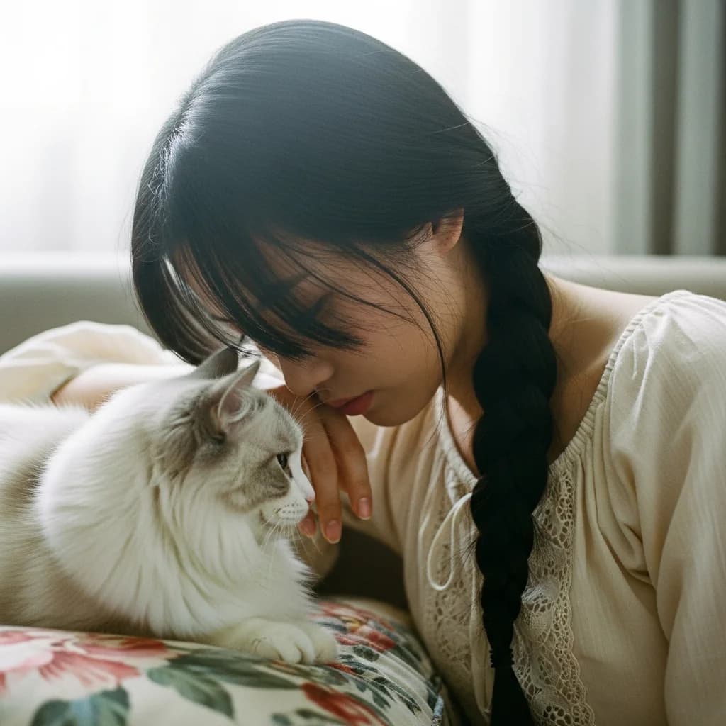 沙发边与长毛猫的静谧时刻