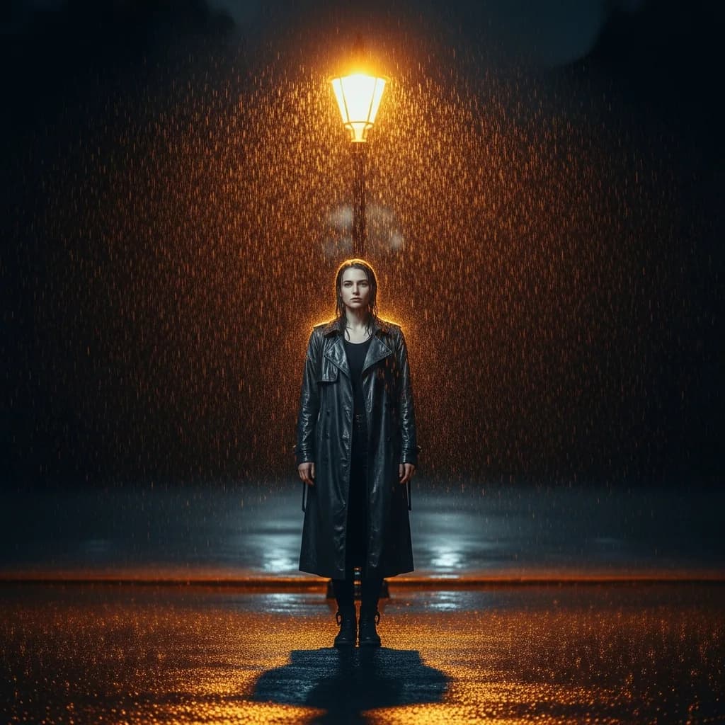 雨夜街头：复古街灯下的身影