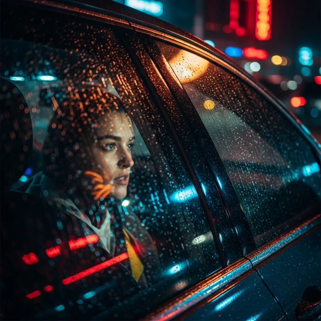 雨中倒影：车窗电影感肖像