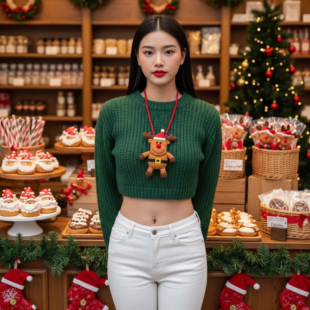 圣诞糖果店前的年轻女子