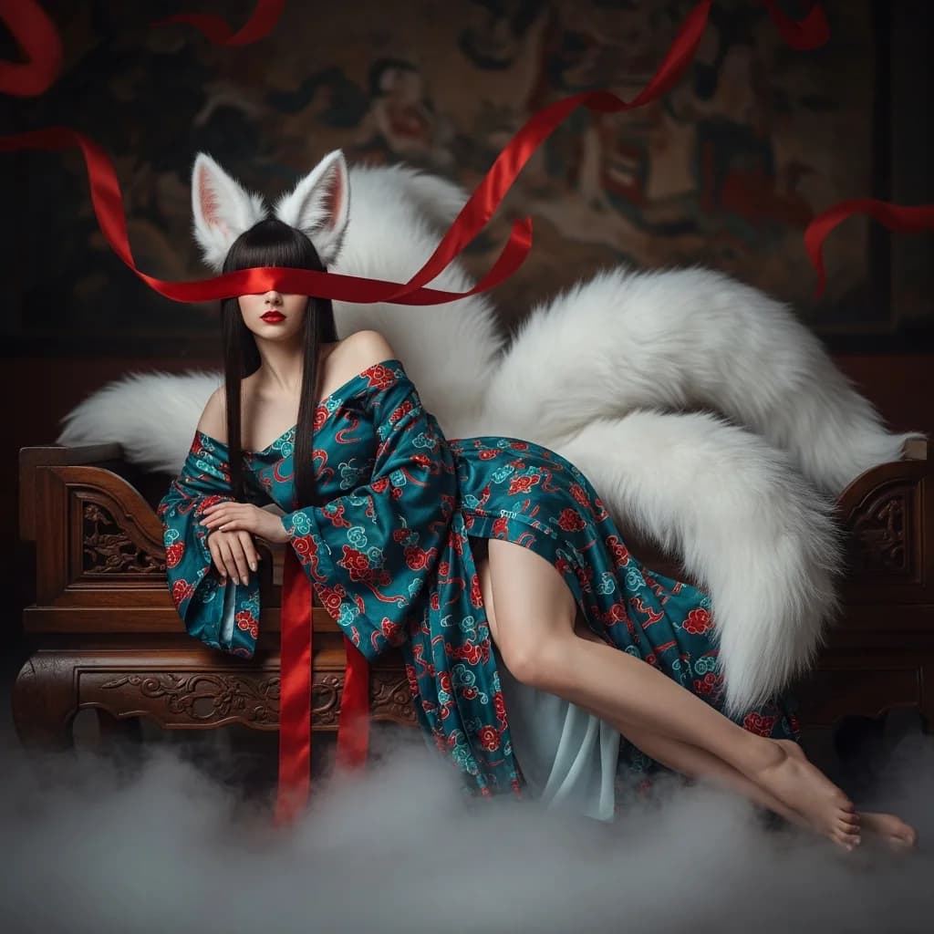 神秘优雅：迷雾中的九尾狐
