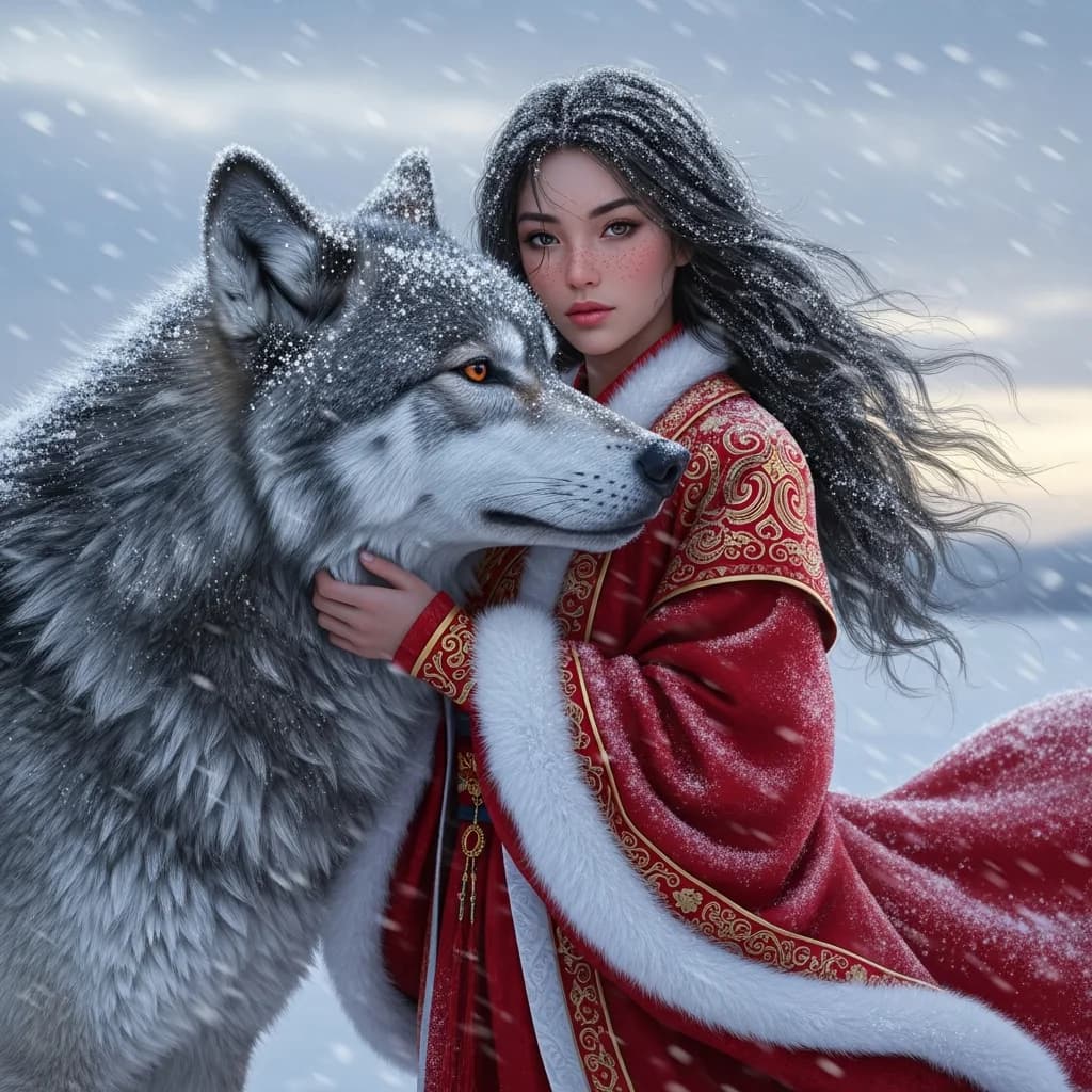 雪暮情深：女子与狼