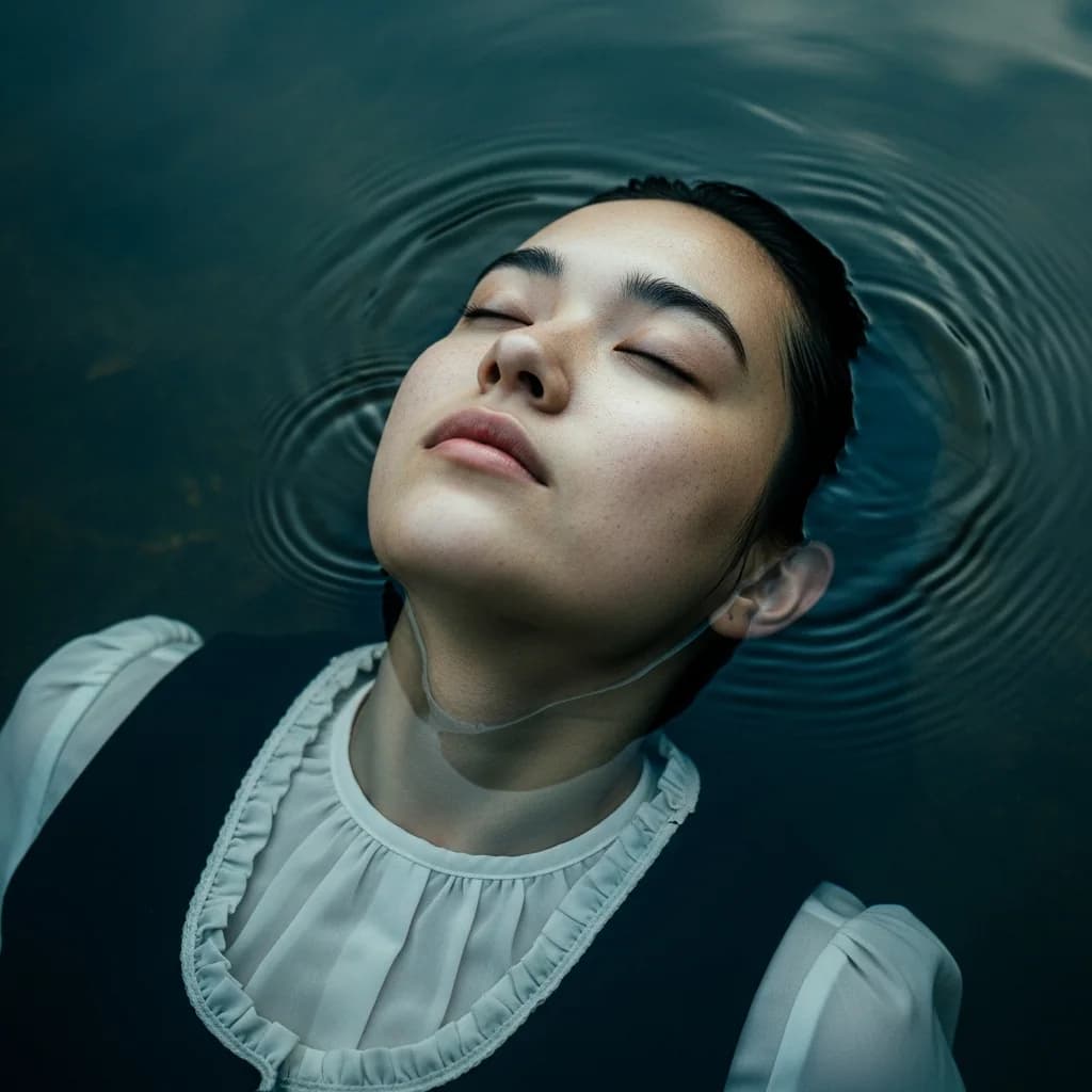 宁静肖像：暮色林间池塘的韩式玻璃肌