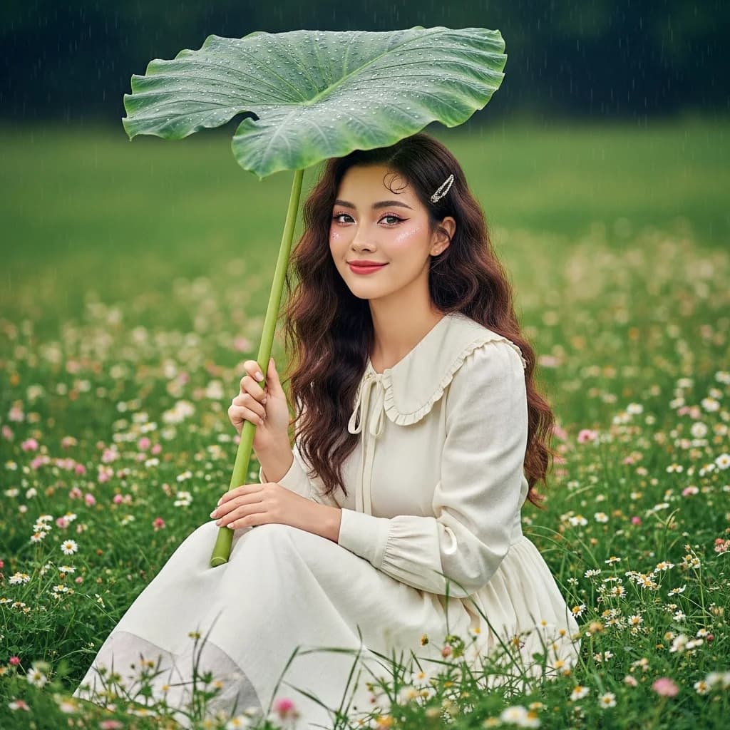 花园中撑芋叶伞的女子