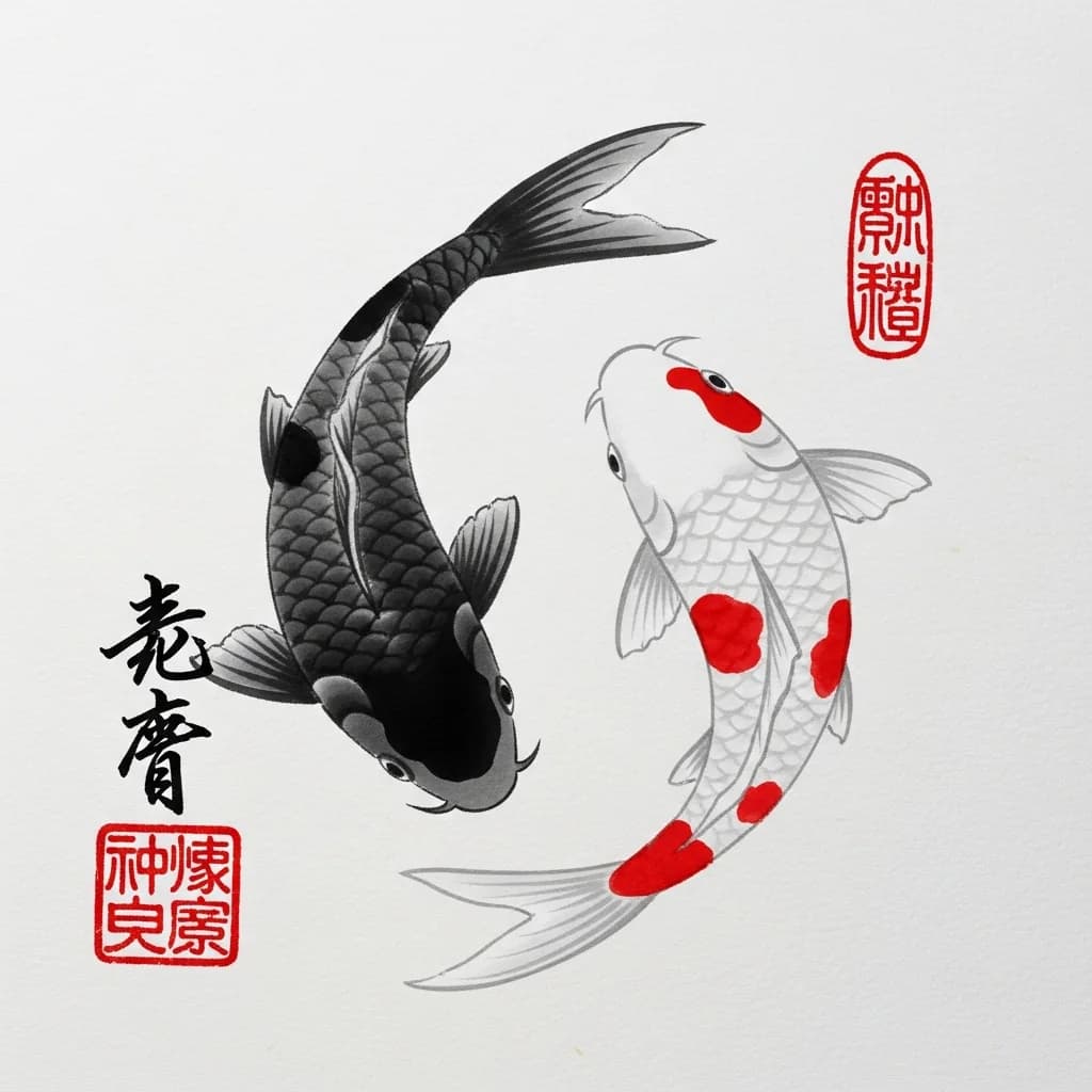 极简水墨锦鲤：阴阳和谐