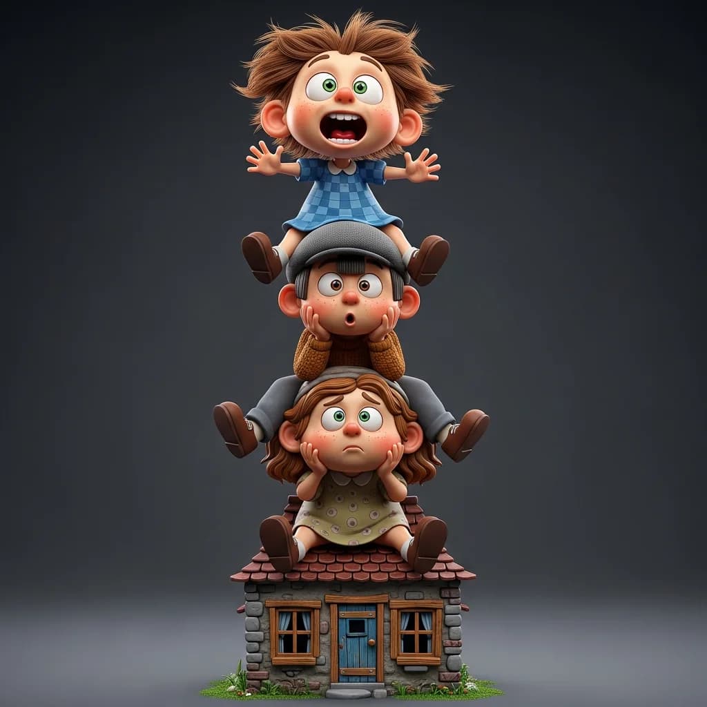 古怪房屋上的顽皮孩童3D雕塑