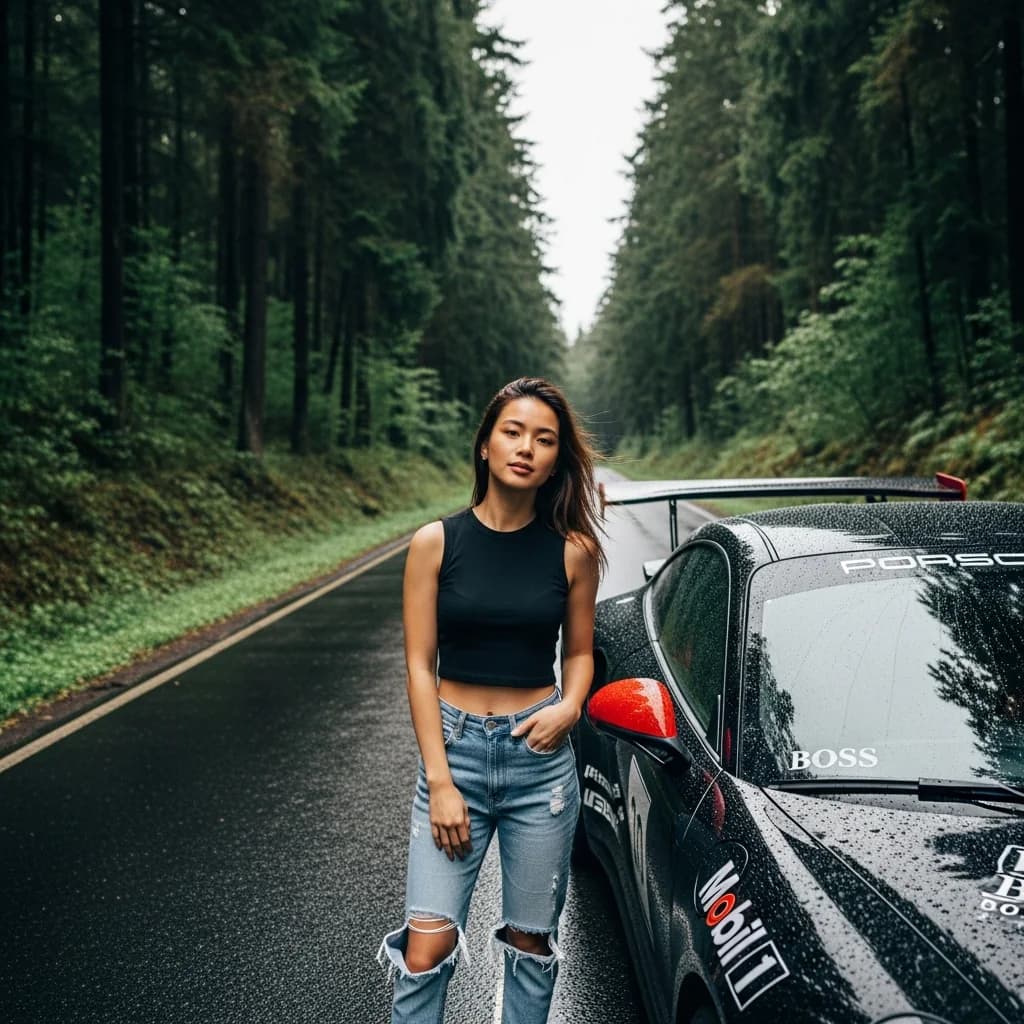 阴郁森林驾驶：湿润跑车旁的女性