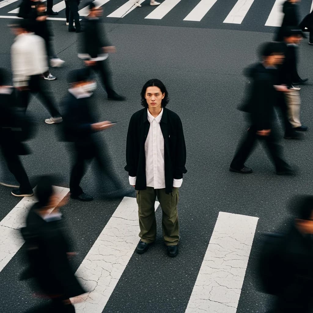 电影感街头肖像，带运动模糊