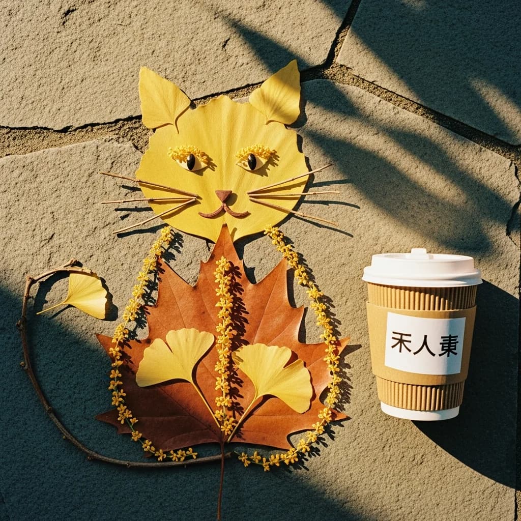 秋叶拼成的小猫图案