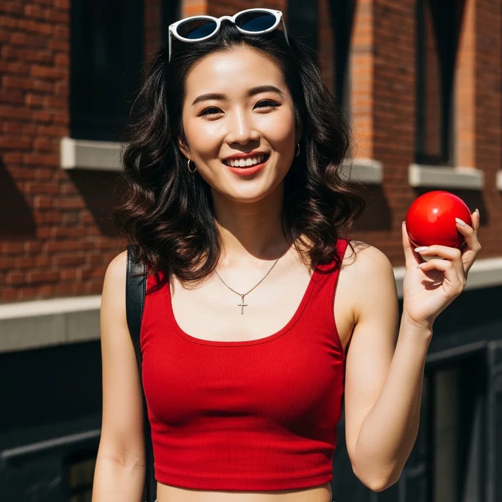 砖墙前灿笑的东亚女孩