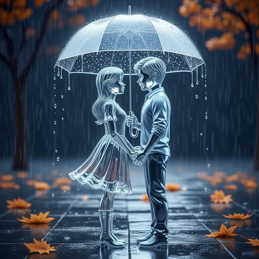 雨中透明玻璃情侣雕塑
