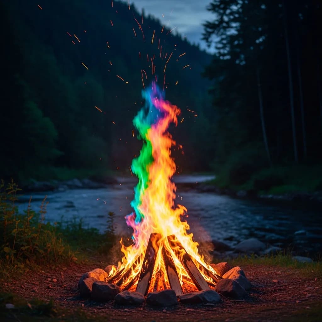 柔焦中景：森林河畔的彩虹篝火