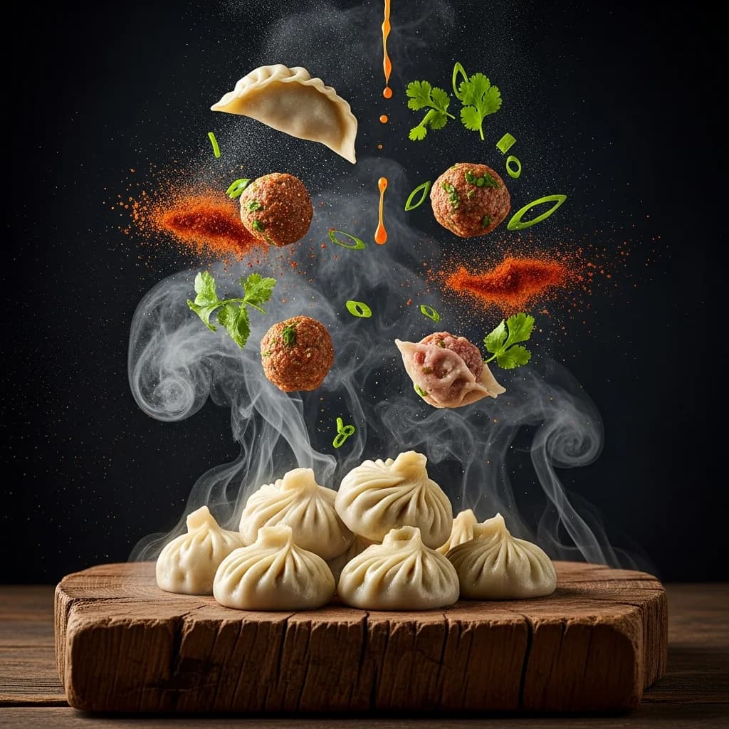 尼泊尔饺子食材解构悬浮
