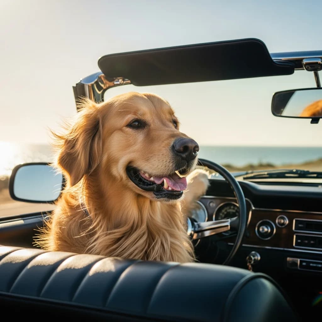 金毛犬驾驶复古敞篷车