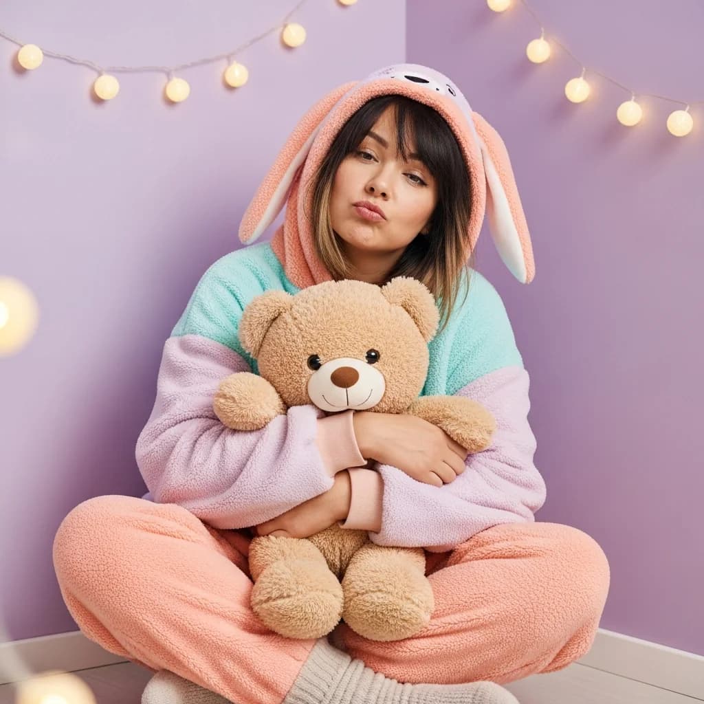 穿粉色宽松毛绒睡衣的女孩