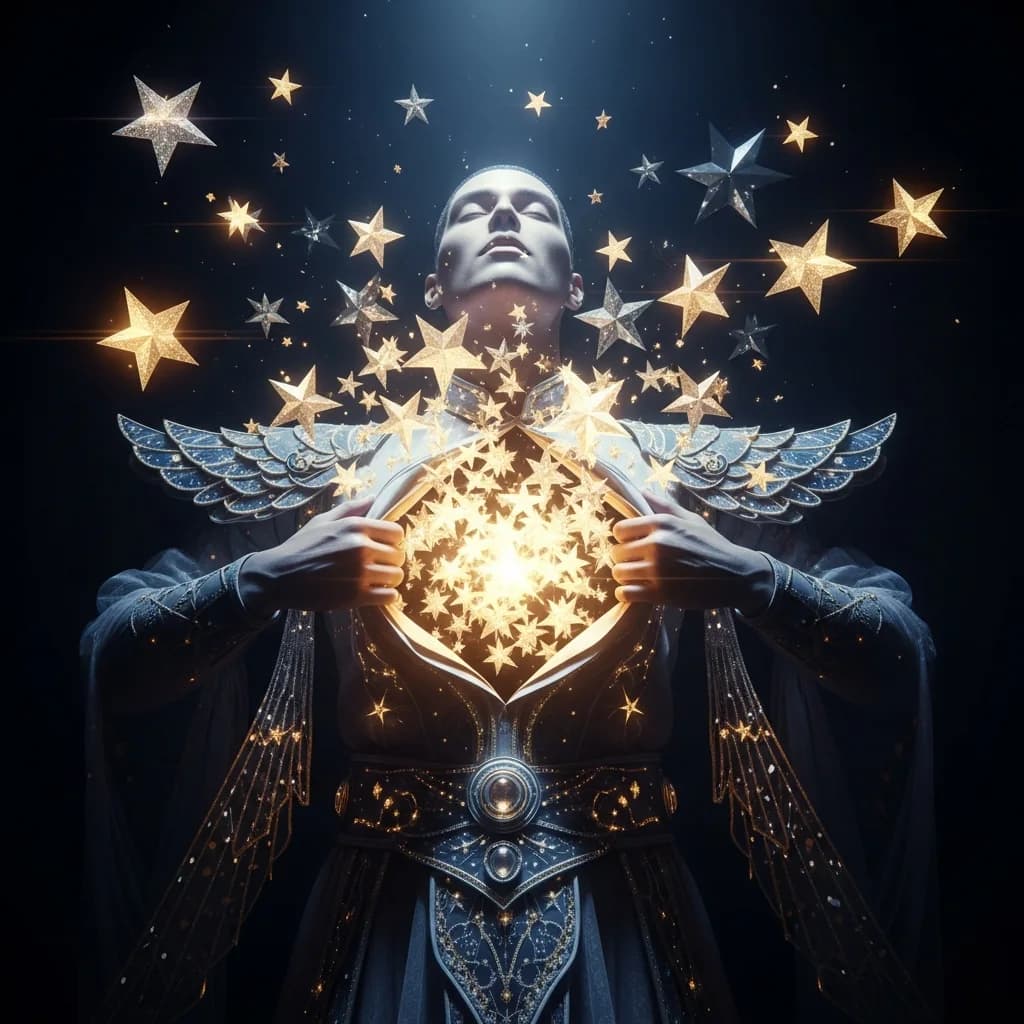 撕开胸膛迸出星光的超现实人像