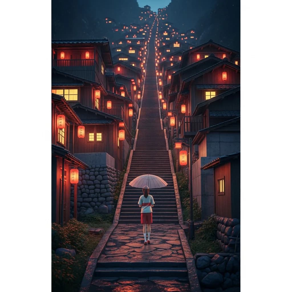 山城夜景：撑伞少女的雨中漫步