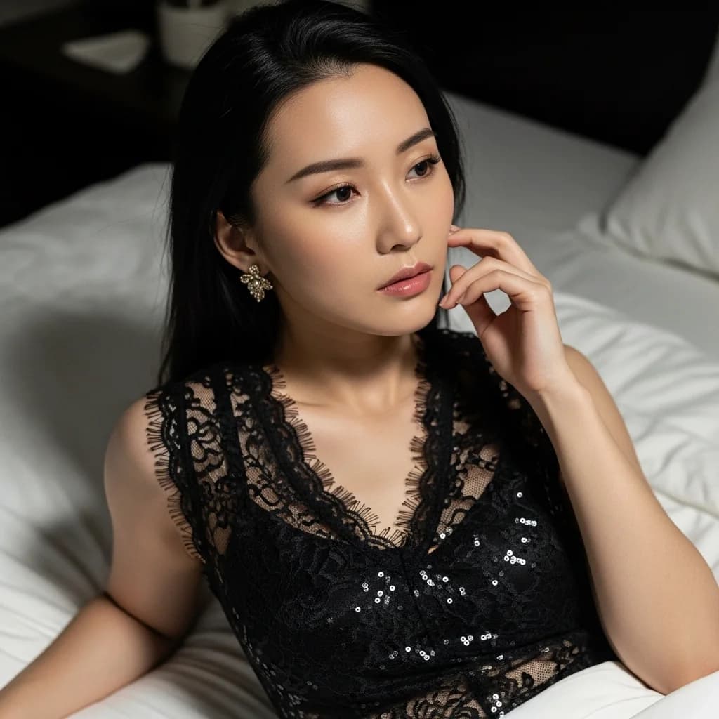 蕾丝上衣的优雅东亚女性，卧室氛围感