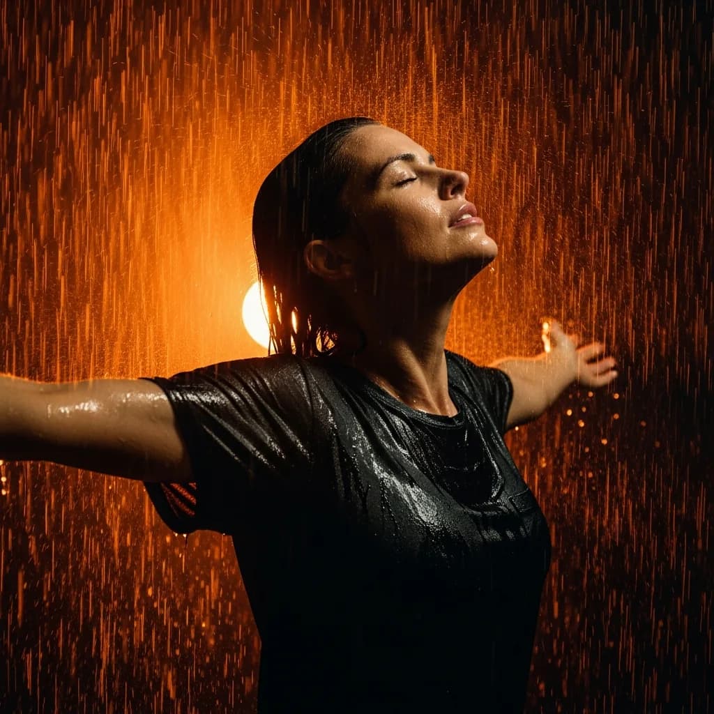雨中女性电影感肖像，橙色逆光