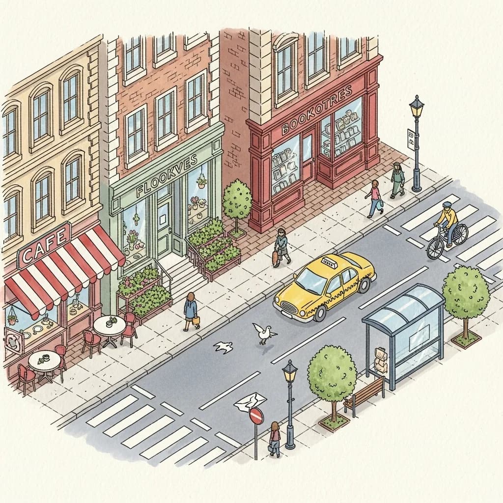 手绘等距城市街景插画