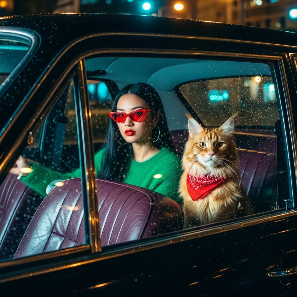 雨天车窗后的女人与猫