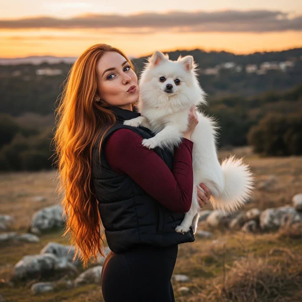 金色时分：红发女子与博美犬