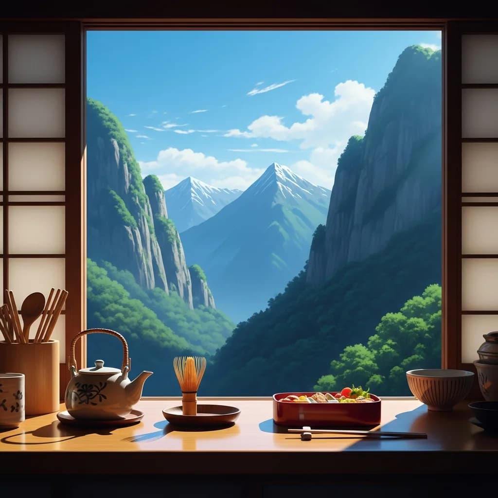 日本厨房窗外山景