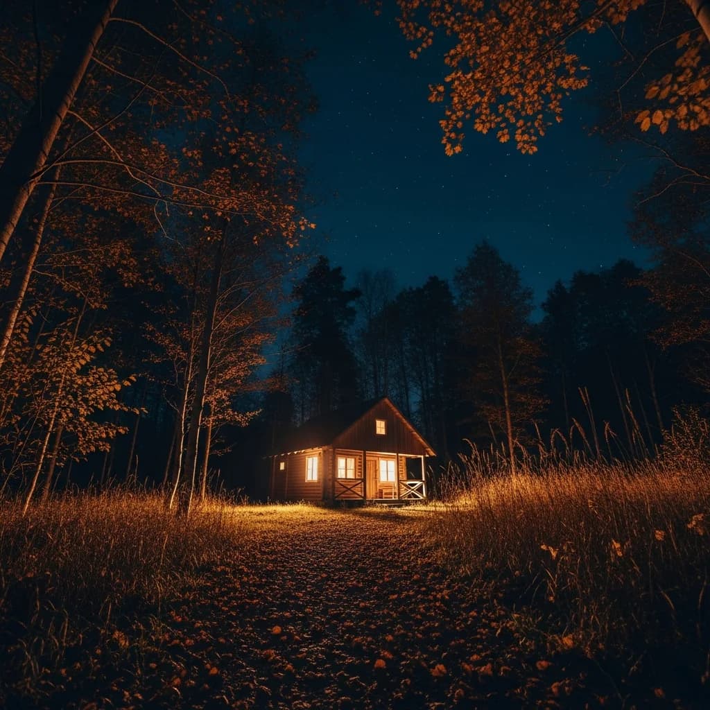 秋夜森林木屋全景