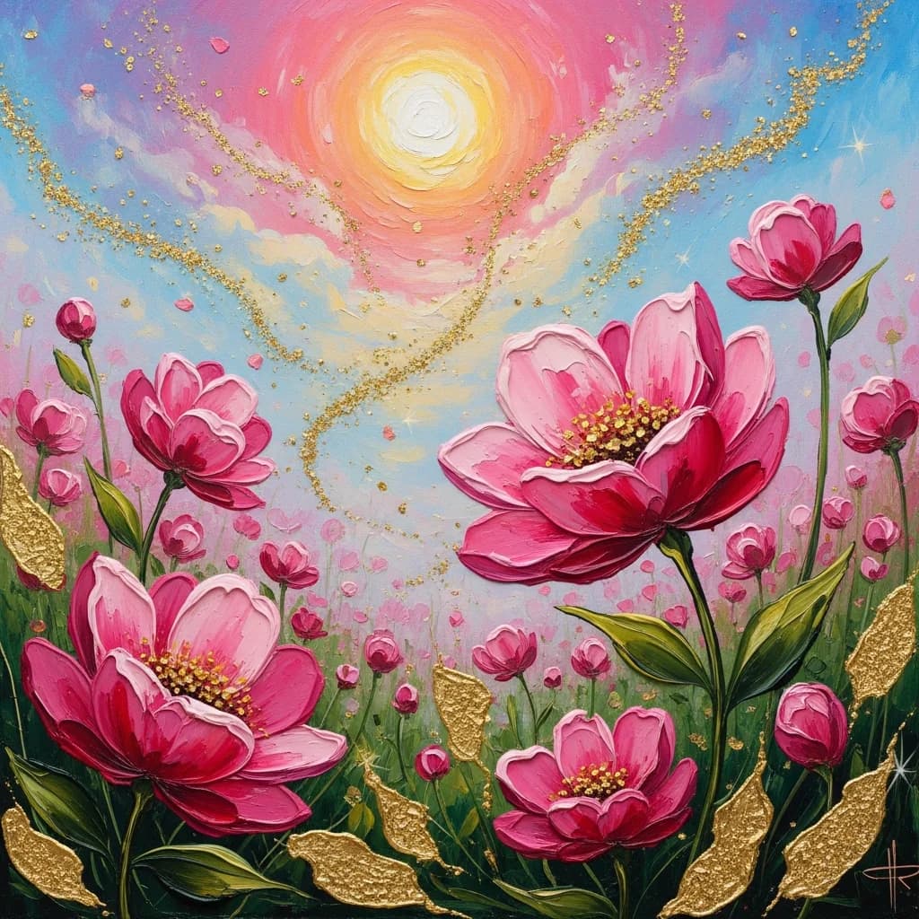 金色闪光：和谐花卉油画