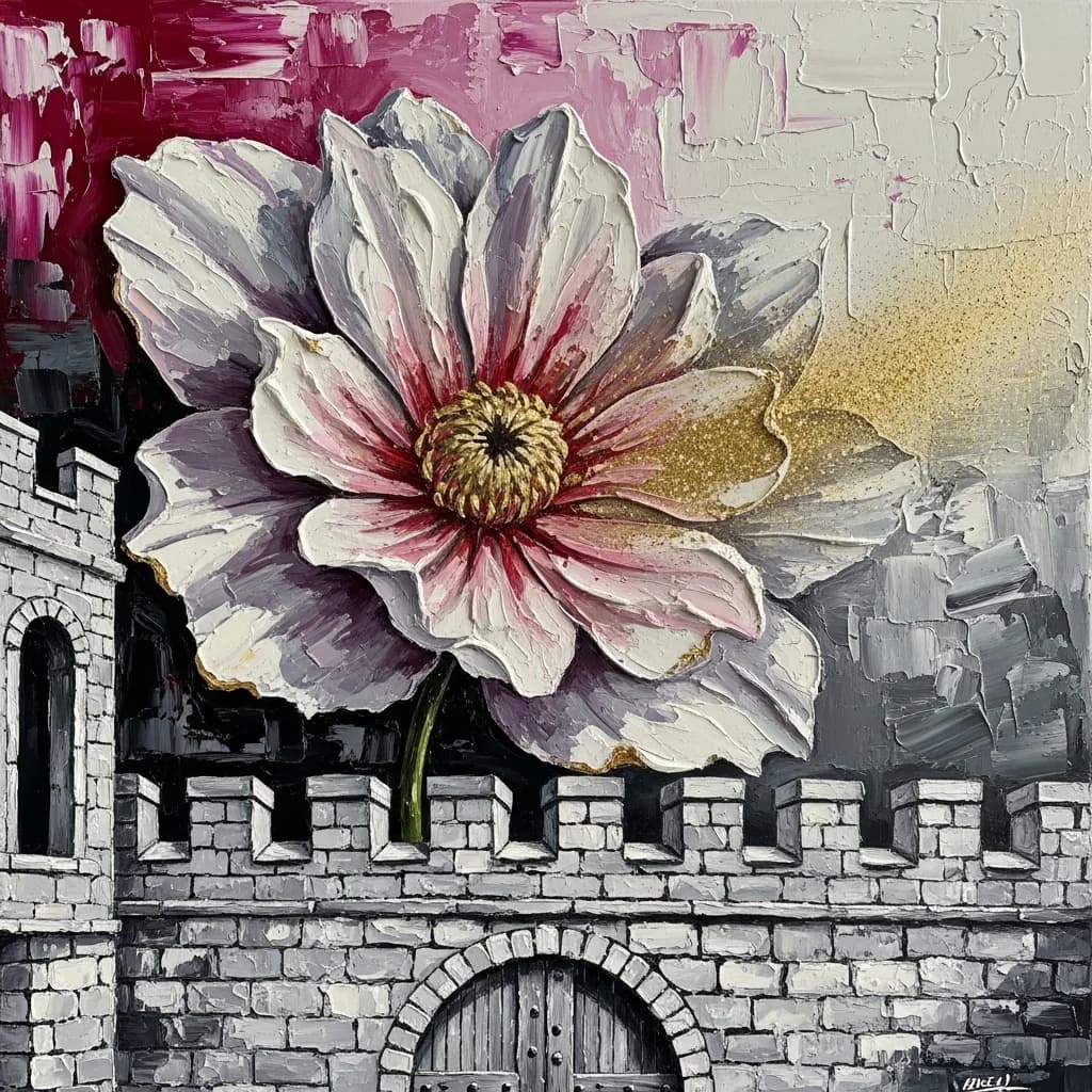 刮刀厚涂：粉色抽象花卉画