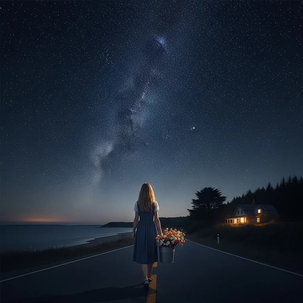 星空下提花女孩