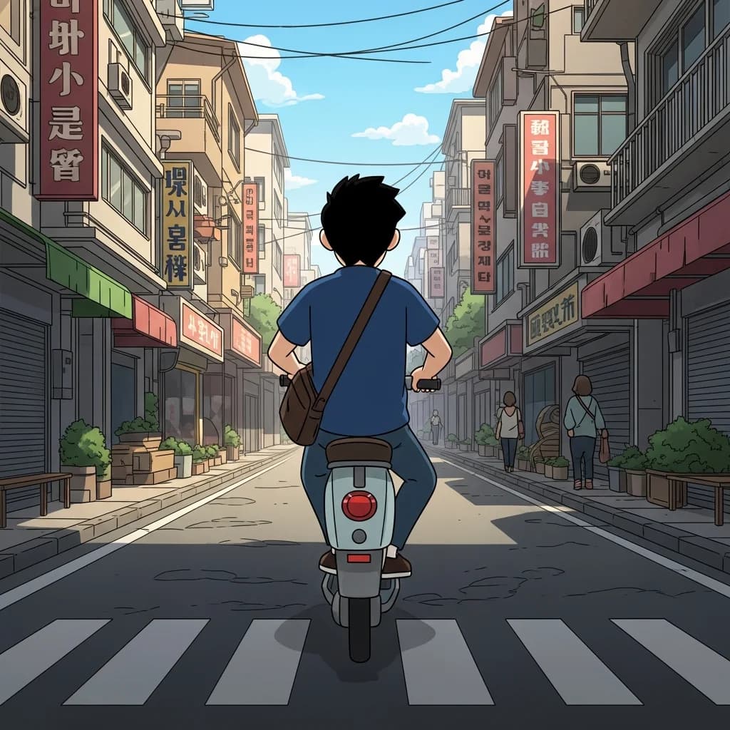 卡通人物骑滑板车穿梭街头