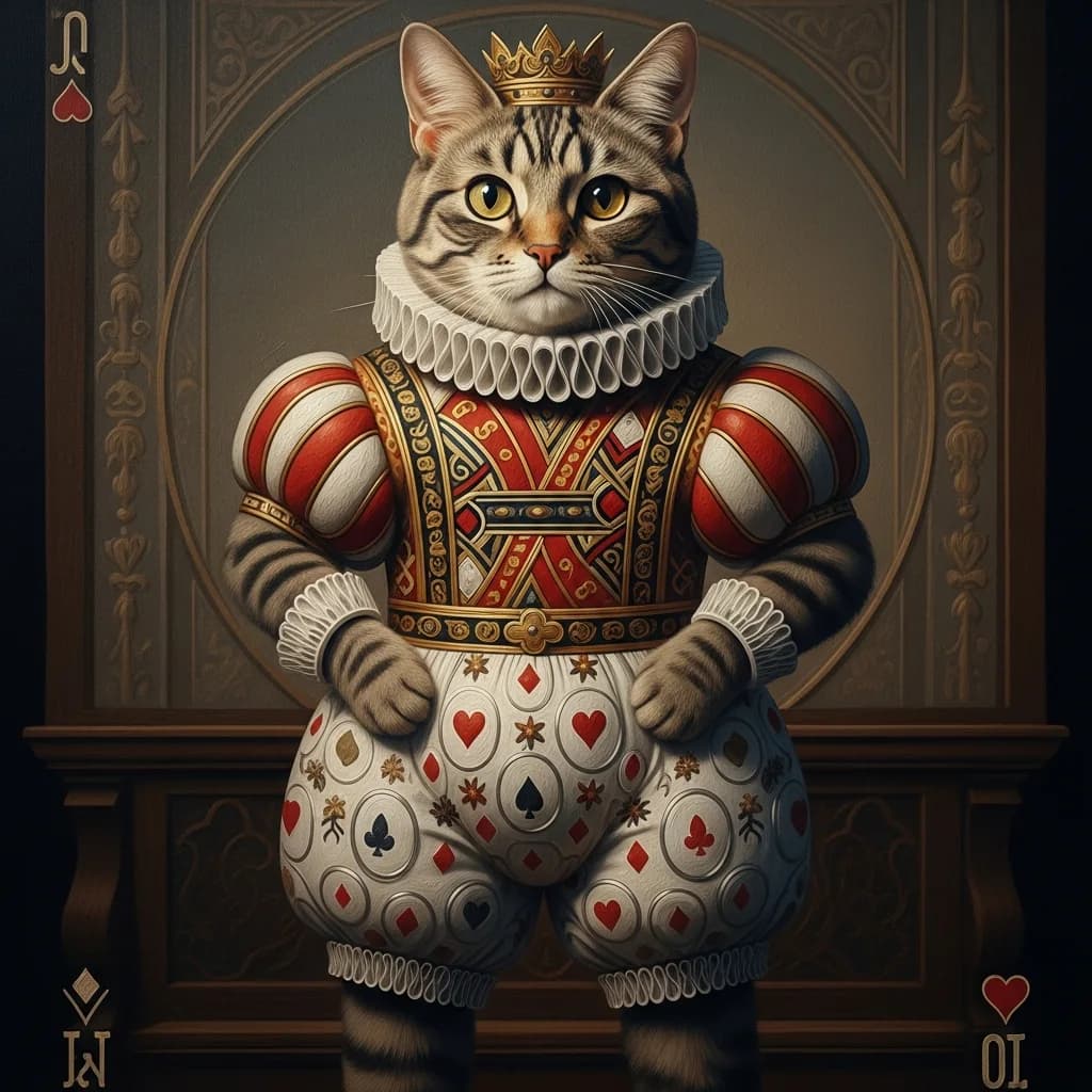 油画风格：猫咪穿国王短裤