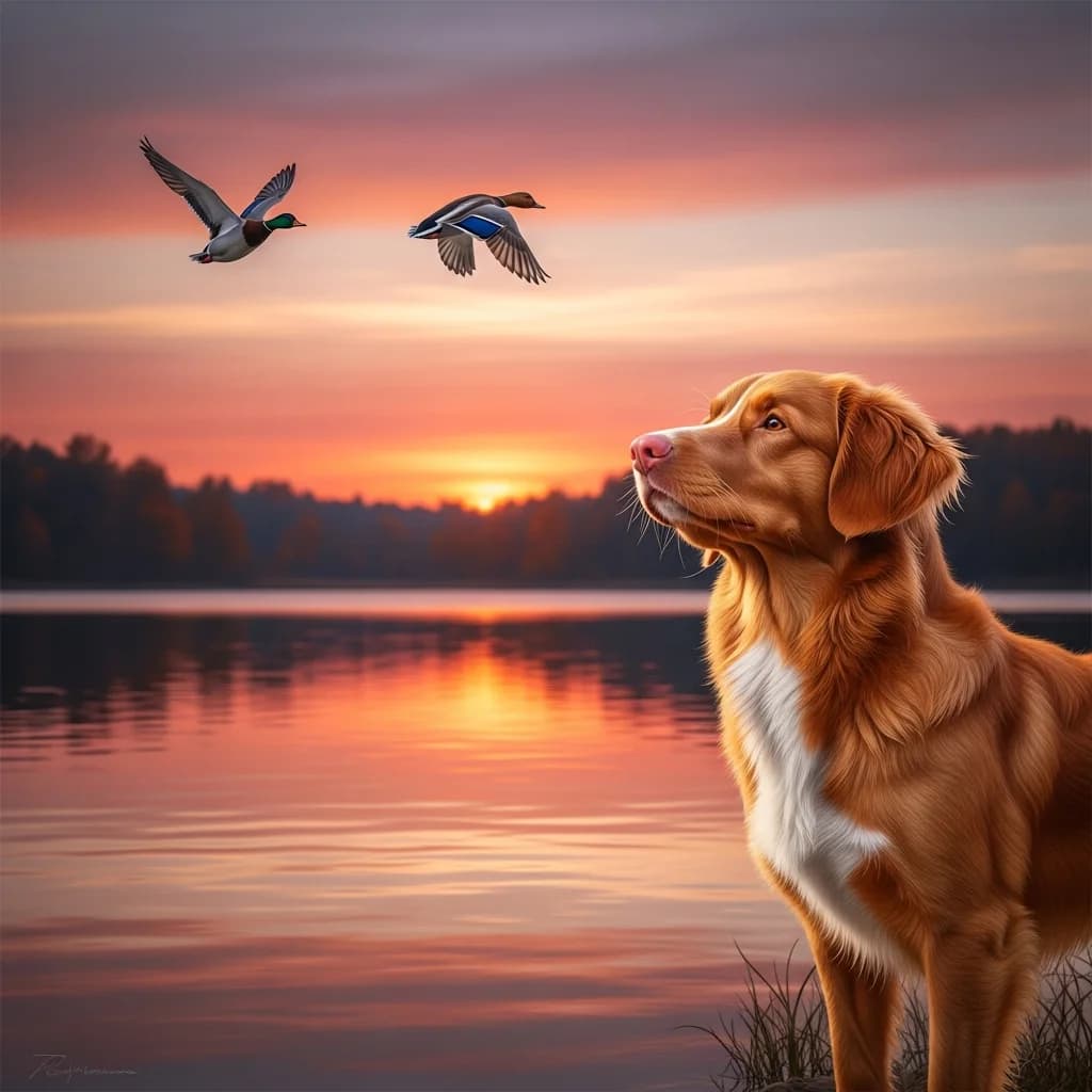 夕阳湖畔的猎鸭犬