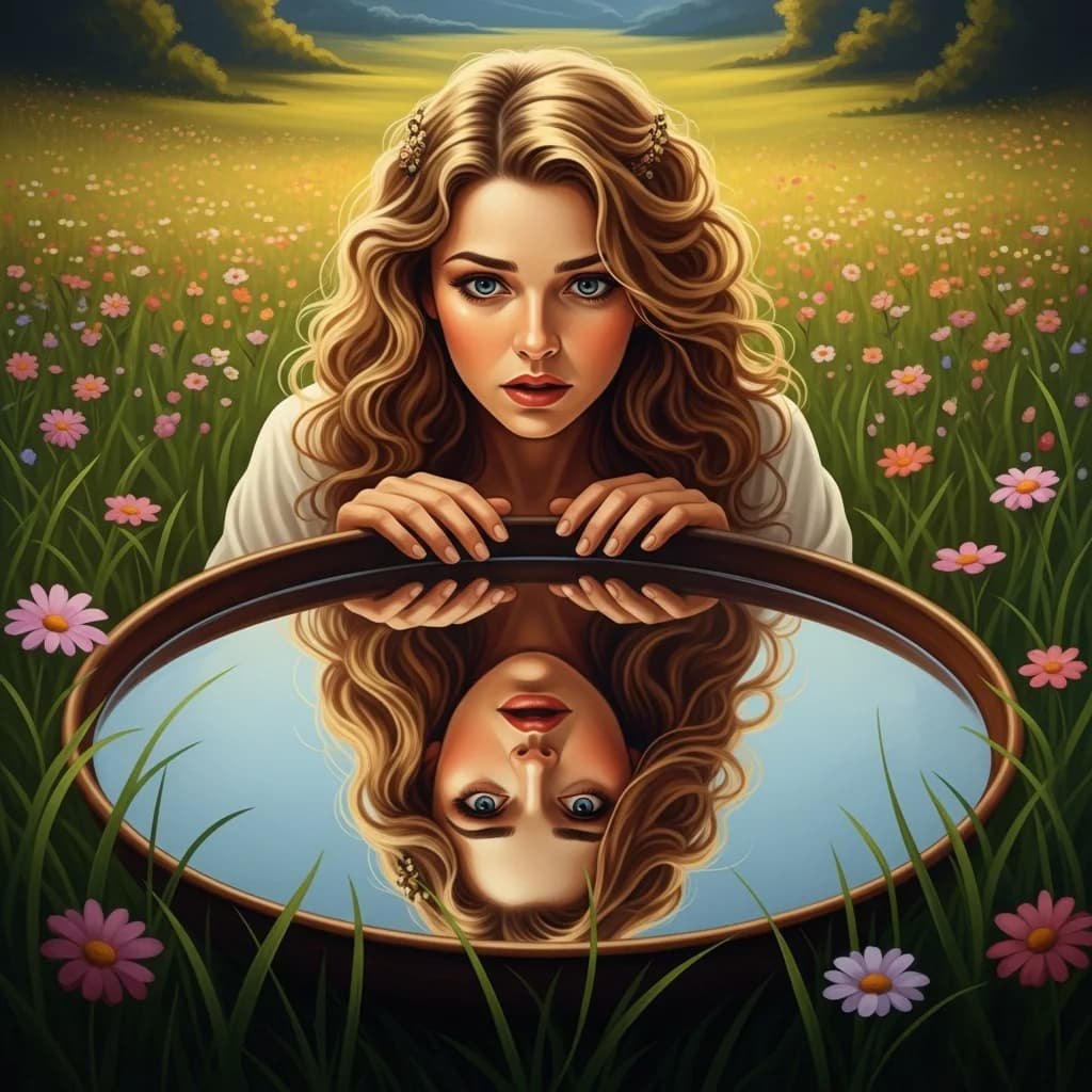 草地凝视倒影的女子