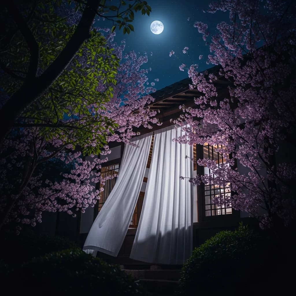 古宅樱花夜景窗帘