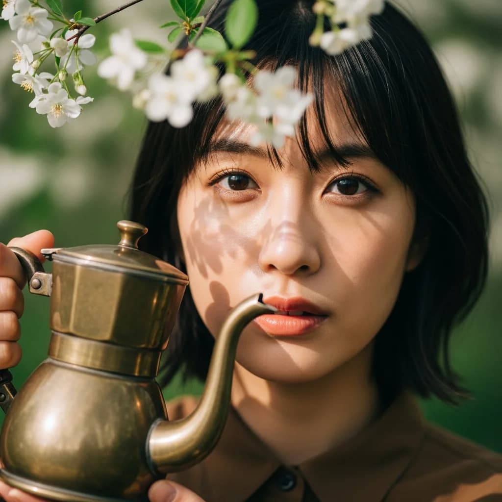 美丽女子手持复古咖啡壶沐浴阳光