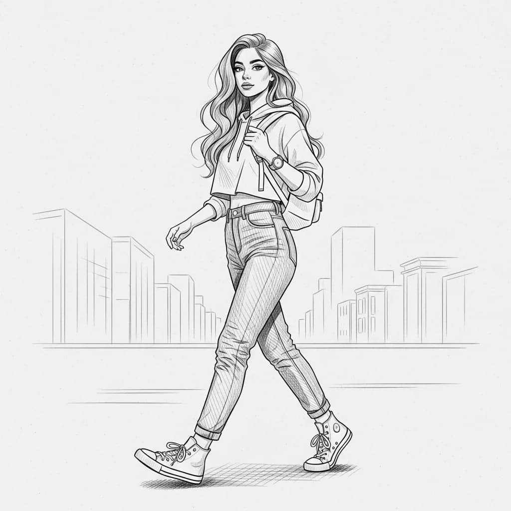 自信漫步：现代女性石墨素描
