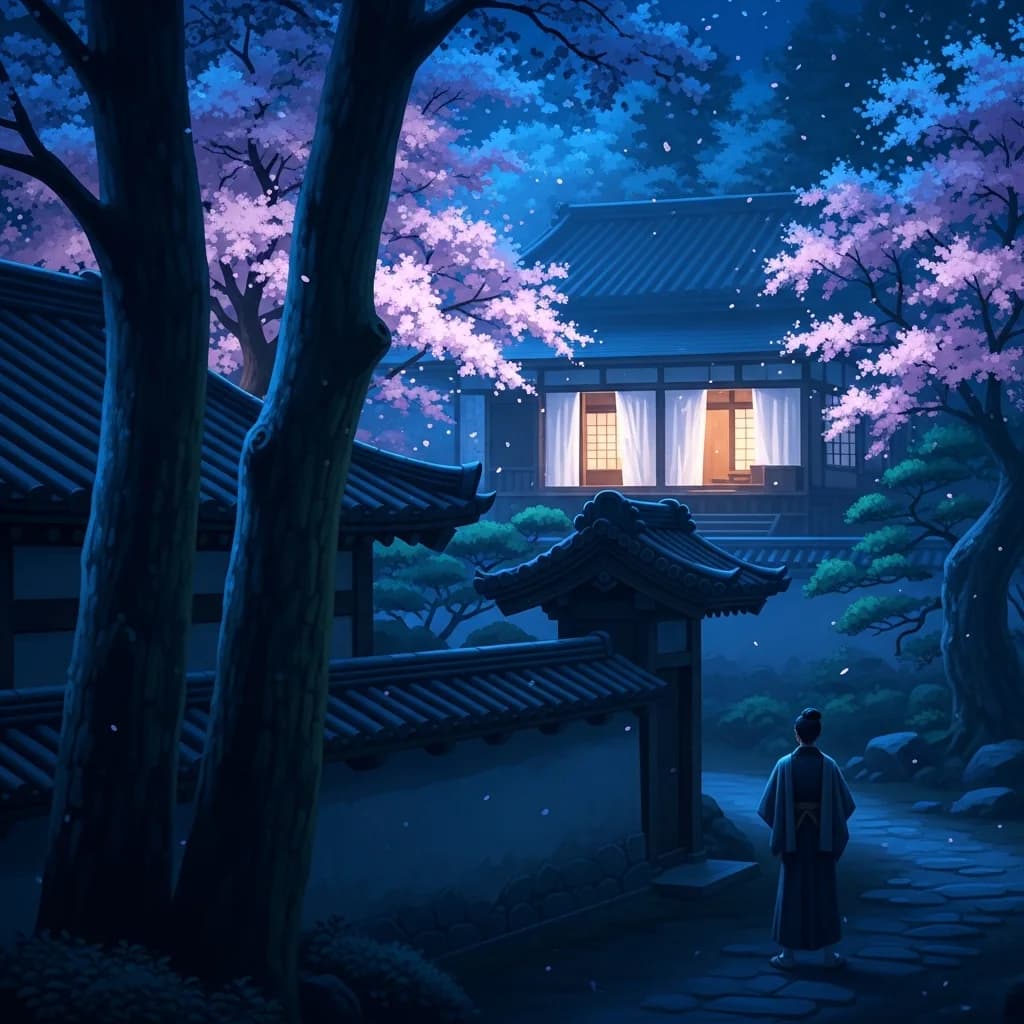 日式庭院：白帘与夜樱