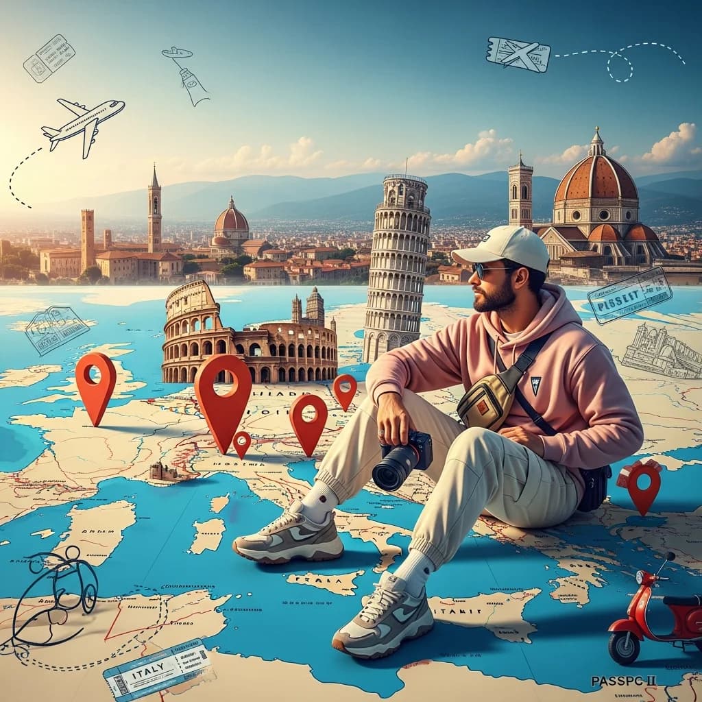 巨型3D地图上的电影感旅人