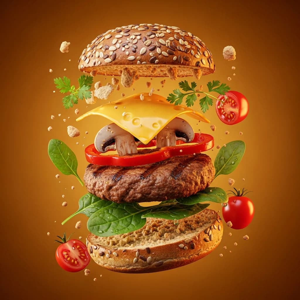 悬浮素食汉堡：超现实分解图