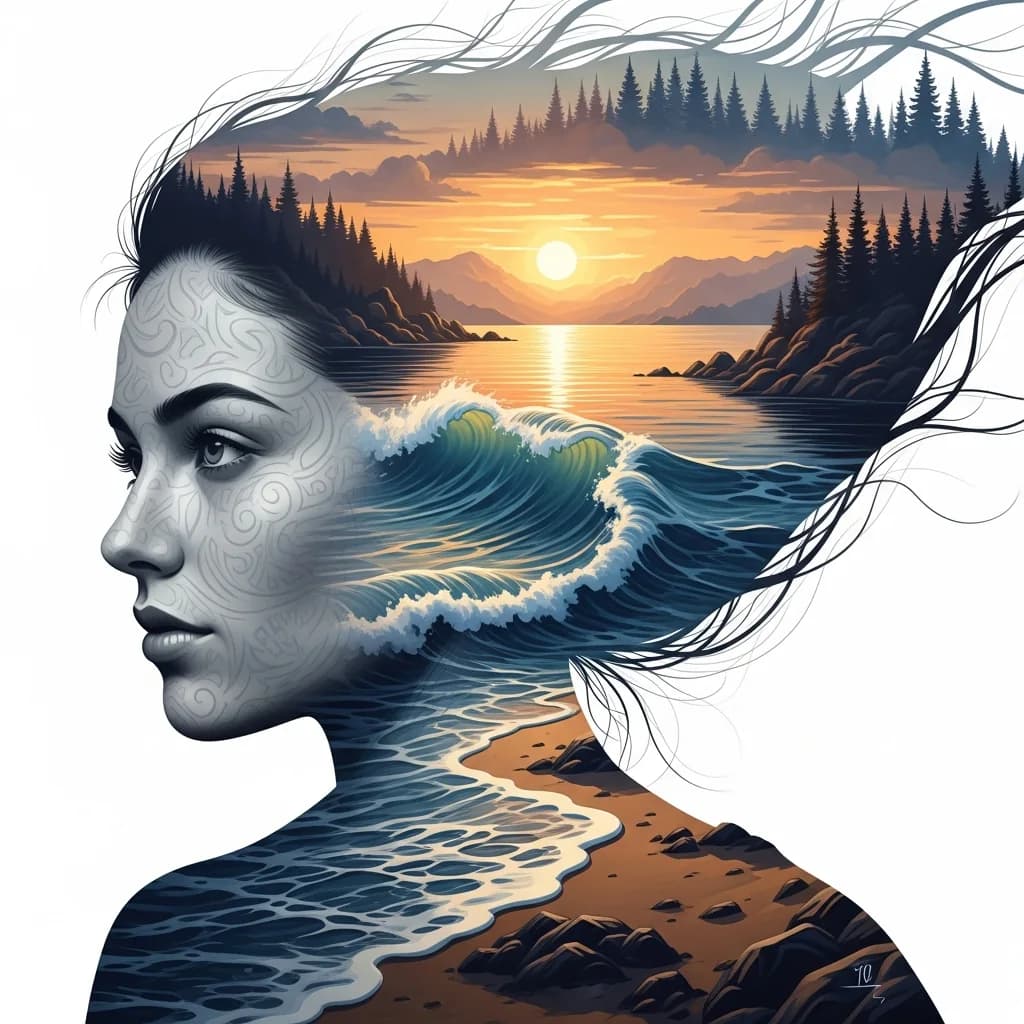 迷人画作：发丝融入风景的女性
