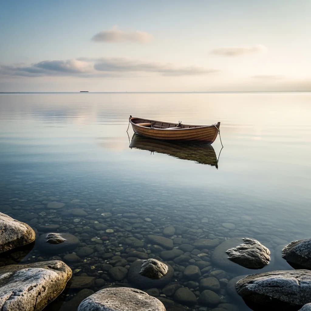 宁静海景图：小船平静漂浮