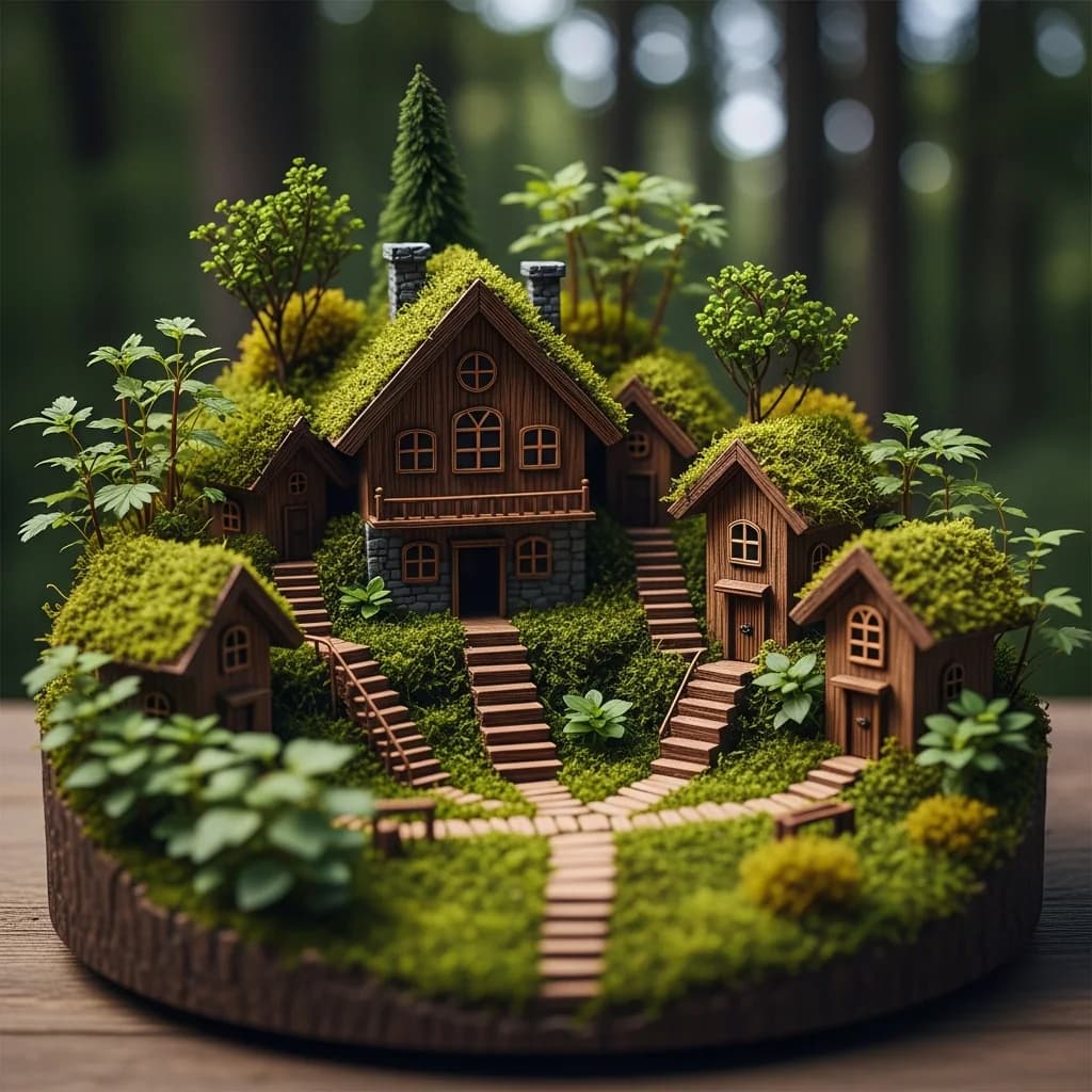 精巧微缩世界：木屋与苔藓村落