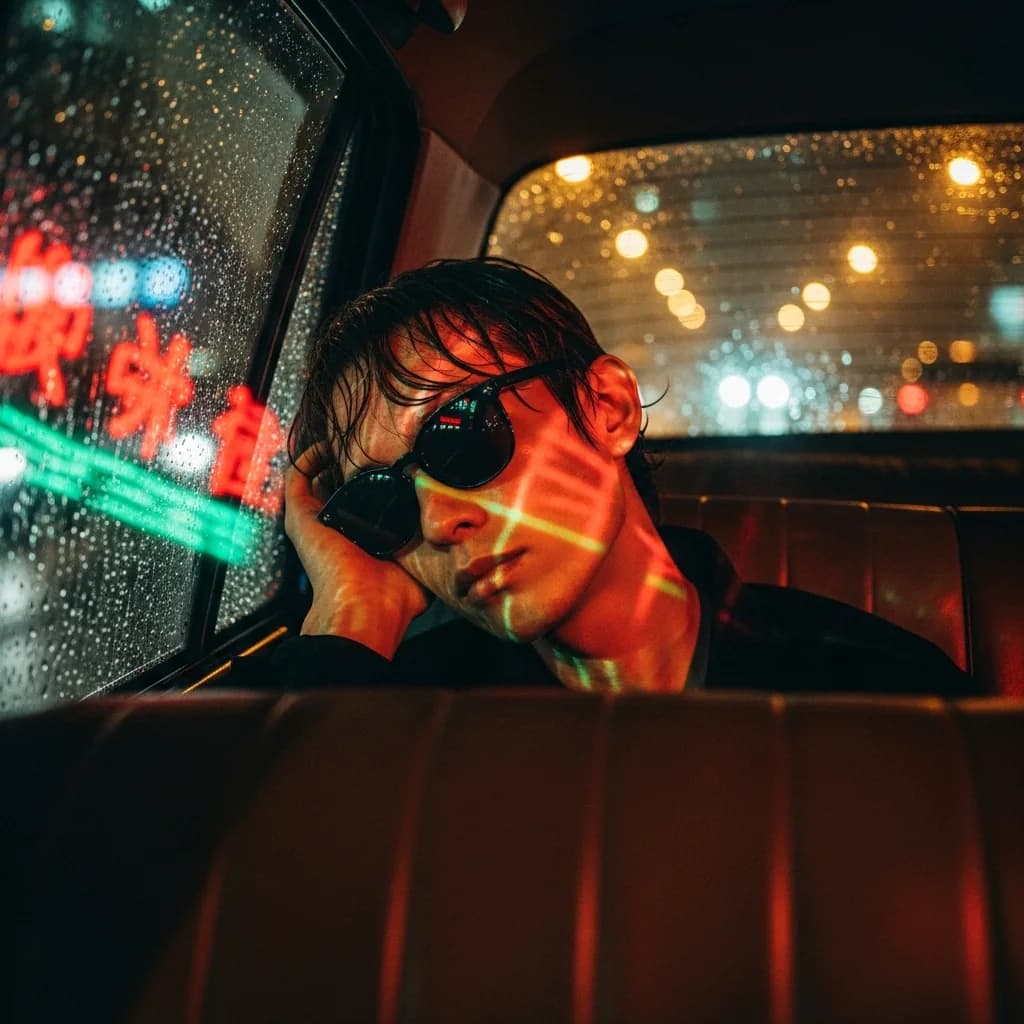 霓虹夜影：港式文艺电影风格出租车场景