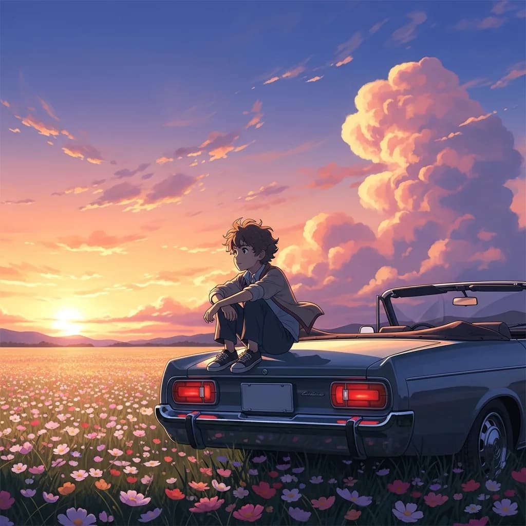动漫少年与夕阳跑车